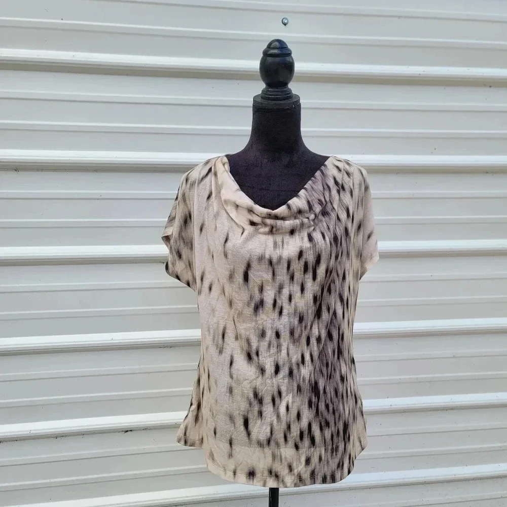 NWOT Kenneth Cole Reaction Top L Tan Beige Animal Print Draped Neck Tee Shirt